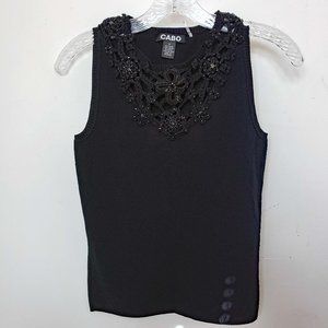 CABO Women's Black Floral Beaded Crochet Knit Shell Shirt Blouse Tank Top